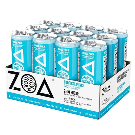 ZOA Zero Sugar Energy Drinks, Tropical Taste Pack - Sugar Free with Electrolytes, Healthy Vitamin C, Amino Acids, Essentia...