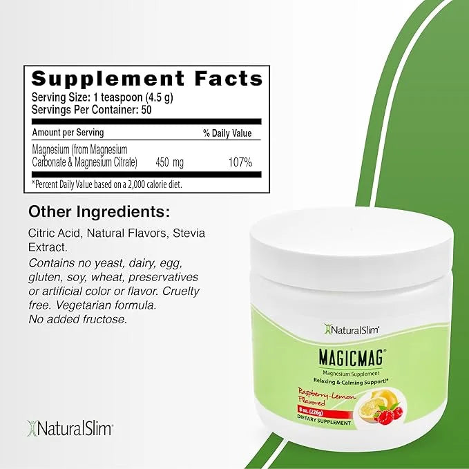 NaturalSlim Magicmag Pure Magnesium Citrate Powder Stress, Constipation, Muscle, Heart Health, and Sleep Support | Raspber...