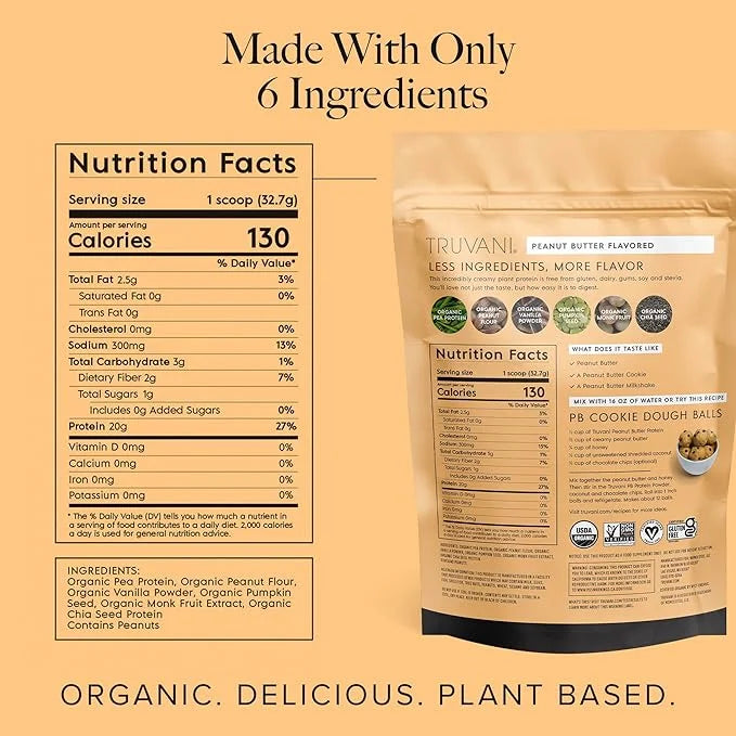 Truvani Vegan Pea Protein Powder | Peanut Butter | 20g Organic Plant Based Protein | 10 Servings | Keto | Gluten & Dairy F...