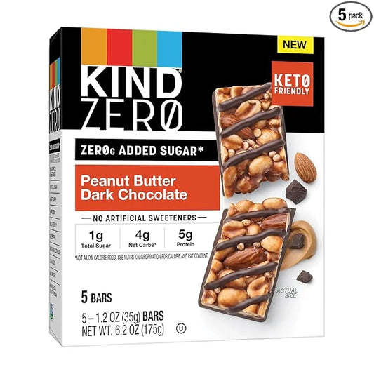 KIND ZERO Added Sugar Bars, Keto Snack, Peanut Butter Dark Chocolate, Good Source of Fiber, Gluten Free, Low Sugar, 5g Pro...