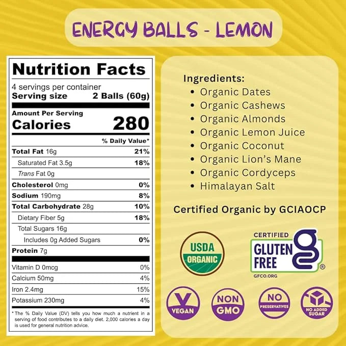 ODD BALLS Organic Energy Balls Lemon - Superfood Mushroom Snack - Running, Cycling, Hiking - Gels, Bars Alternative - Lion...