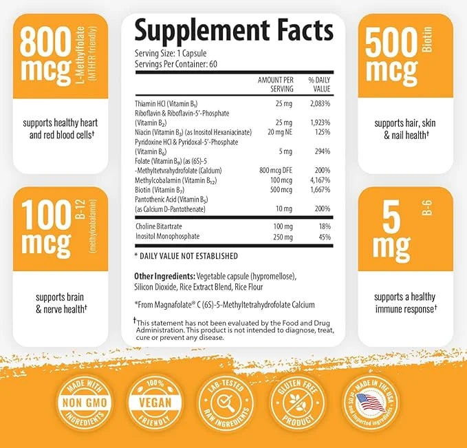 1 Body Vitamin B Complex 3 5-MTHF Folate B1, B2, B2, B5, B5, B6, B6, Methyl B12, Niacin,