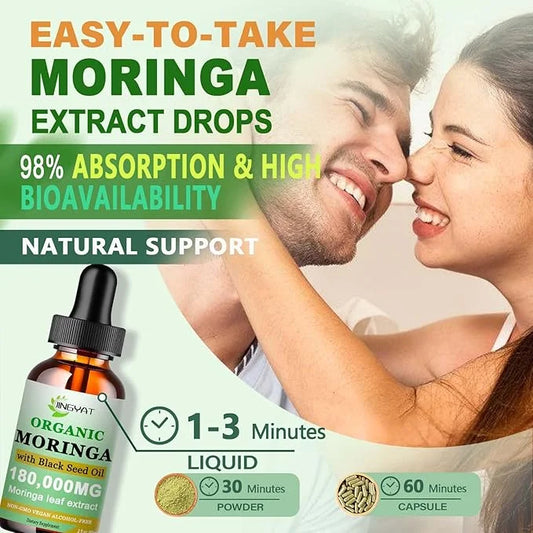 Organic Moringa Liquid Drops,Pure Moringa Oleifera Leaves Extract w/Black Seed Oil Supplement for Energy,Skin,Gut Health,I...