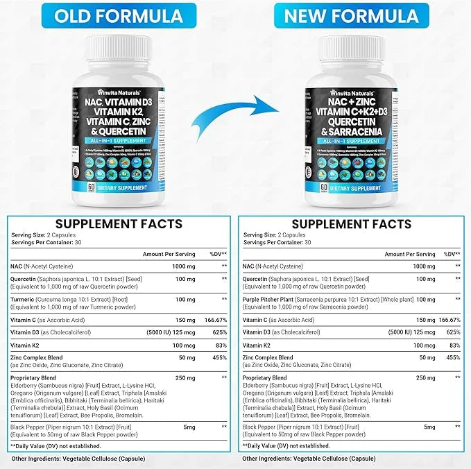 NAC Supplement N-Acetyl Cysteine 1000mg Vitamin D3 K2, K2, Zinc, 1000mg Quercetin 1000mg with