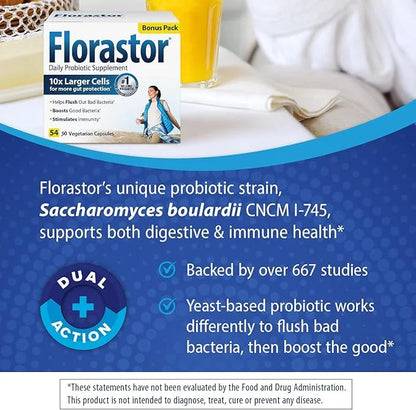 Florastor Probiotics for Digestive and Immune Health, 54 Capsules, Probiotics for Women & Men, Helps Flush Out Bad Bacteri...