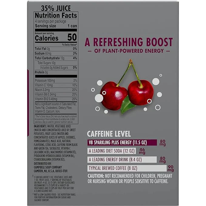 V8 +SPARKLING ENERGY Black Cherry Energy Drink, Made with Real Vegetable and Fruit Juices, 11.5 FL OZ Can 4 Count (Pack of...