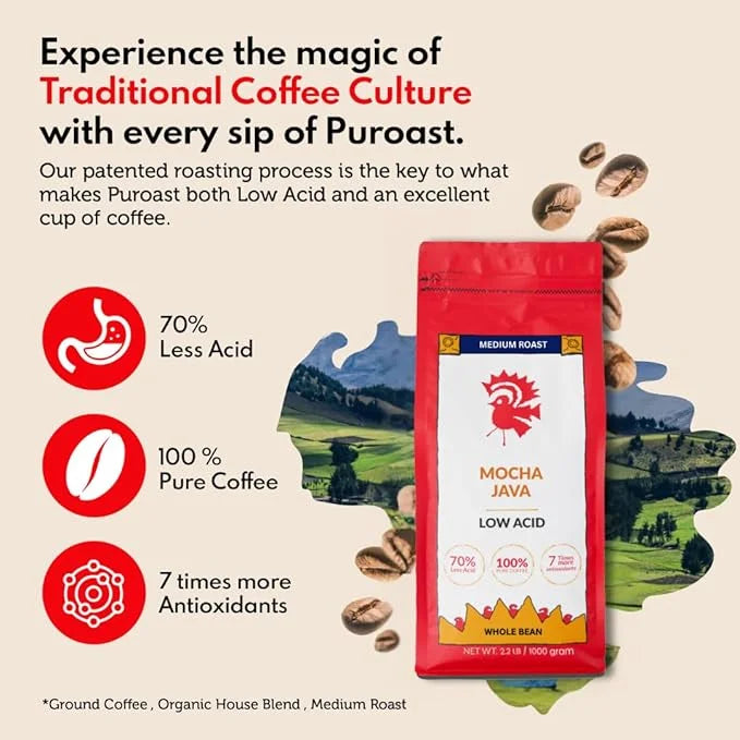 Puroast Low Acid Coffee Whole Bean | Mocha Java Whole Bean | Medium Roast | High Antioxidants & High pH |No Bitter Afterta...