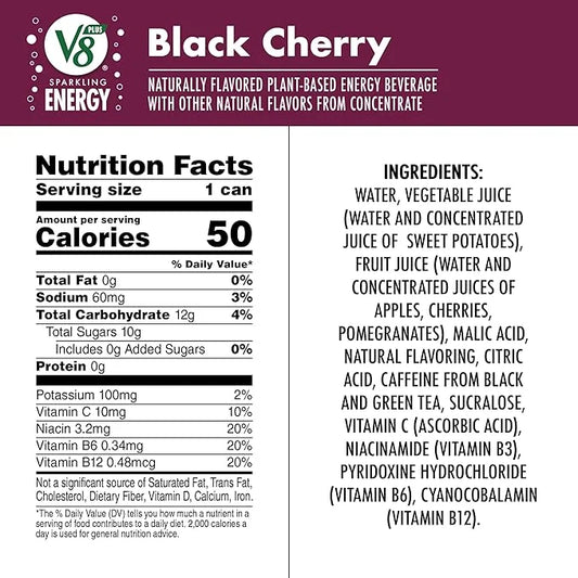 V8 +Energy Sparkling Black Cherry Juice Energy Drink, 11.5 fl oz Can (12 Pack) - Product Image