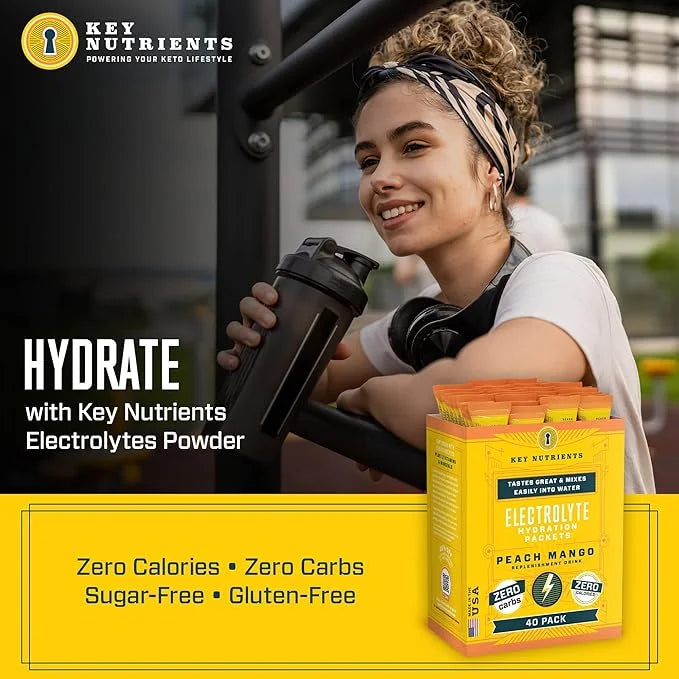 KEY NUTRIENTS Multivitamin Electrolytes Powder Packets - Tropical Peach Mango Post Workout and Recovery 40 Pack Hydration ...