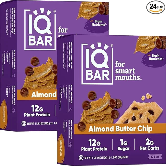 IQBAR Brain and Body Plant Protein Bars - Almond Butter Chip - 24-Count Low Carb - Gluten Free, High Fiber, Vegan Snacks -...