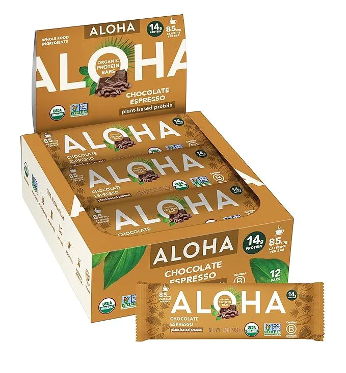 ALOHA Organic Plant Based Protein Bars - Chocolate Espresso (85mg Caffeine) - 12 Bars, Vegan, Low Sugar, Gluten-Free, Pale...