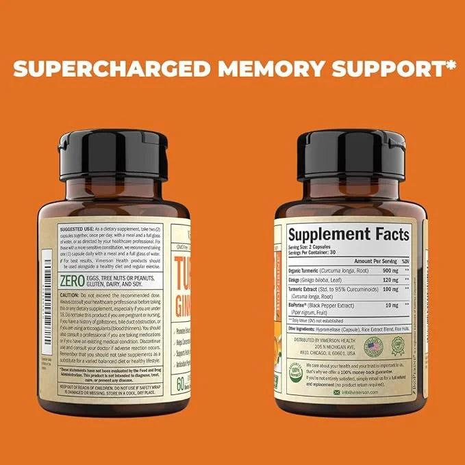 Turmeric Curcumin & Ginkgo Biloba Supplements 60 Capsules
