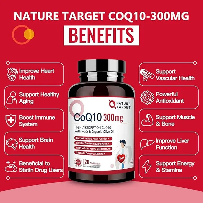 NATURE TARGET CoQ10-300mg-Softgels + PQQ with Organic-Olive-Oil Absorption-Coenzyme-Q10 - 120 Servings
