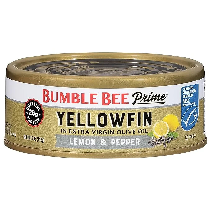 Bumble Bee Prime Lemon & Pepper Yellowfin Tuna in Extra Virgin Olive Oil, 5 oz Can - Wild Caught Ahi Tuna - 28g Protein Pe...