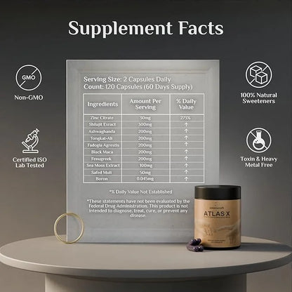 ATLAS X 10-in-1 Masculinity Maximiser Supplement for Men - Energy, Strength & Vitality Capsules with Shilajit, Ashwagandha...