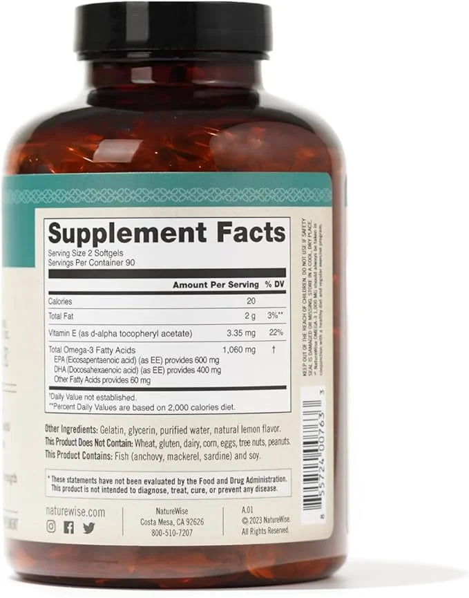NatureWise Extra-Strength Omega 3 Fish Oil Supplement 1000mg per 600 EPA 400 DHA 180 Softgels[3-Month Softgels[3-Month Sup...