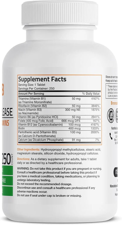Bronson Super B Vitamin B Complex B1, B2, B2, B3, B3, B6, B6, B9 B9 - B12) Contains 250 Tablets