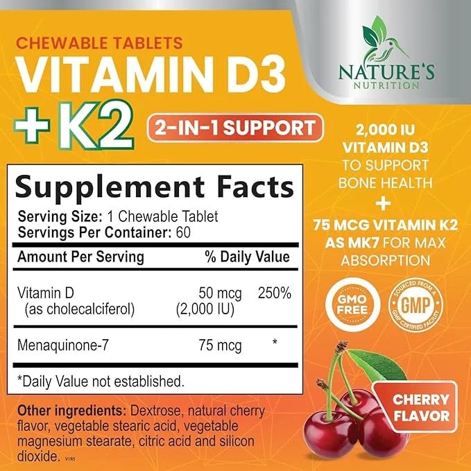 Vitamin D3 K2 as MK-7 2000iu of D3 & 75mcg K2, K2, Vitamin K2 D3 D3 Bone 60 Chewable