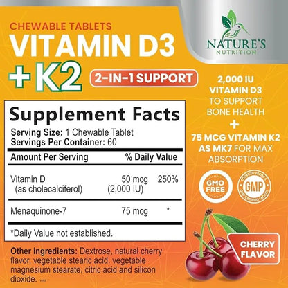 Vitamin D3 K2 as MK-7 2000iu of D3 & 75mcg K2, K2, Vitamin K2 D3 D3 Bone 60 Chewable