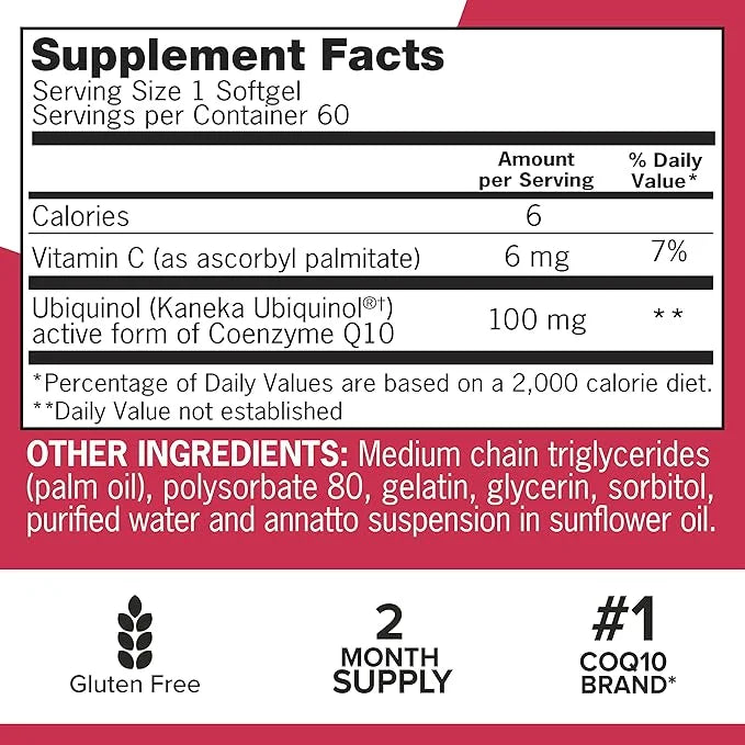 Qunol Ubiquinol CoQ10 100mg Softgels, Mega 100mg - Q10 for 2 Month 60 Count