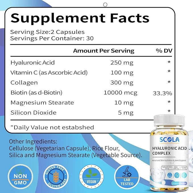 Hyaluronic Acid Supplements - Advanced Skin Hydration & Joint Support with 250 mg Hyaluronic Acid, Vitamin C, Collagen, an...