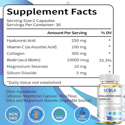 Hyaluronic Acid Supplements - Advanced Skin Hydration & Joint Support with 250 mg Hyaluronic Acid, Vitamin C, Collagen, an...
