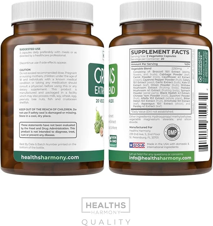Super Greens Antioxidants Superfoods 2250mg Supplement 20 Ingredients 60 Capsules