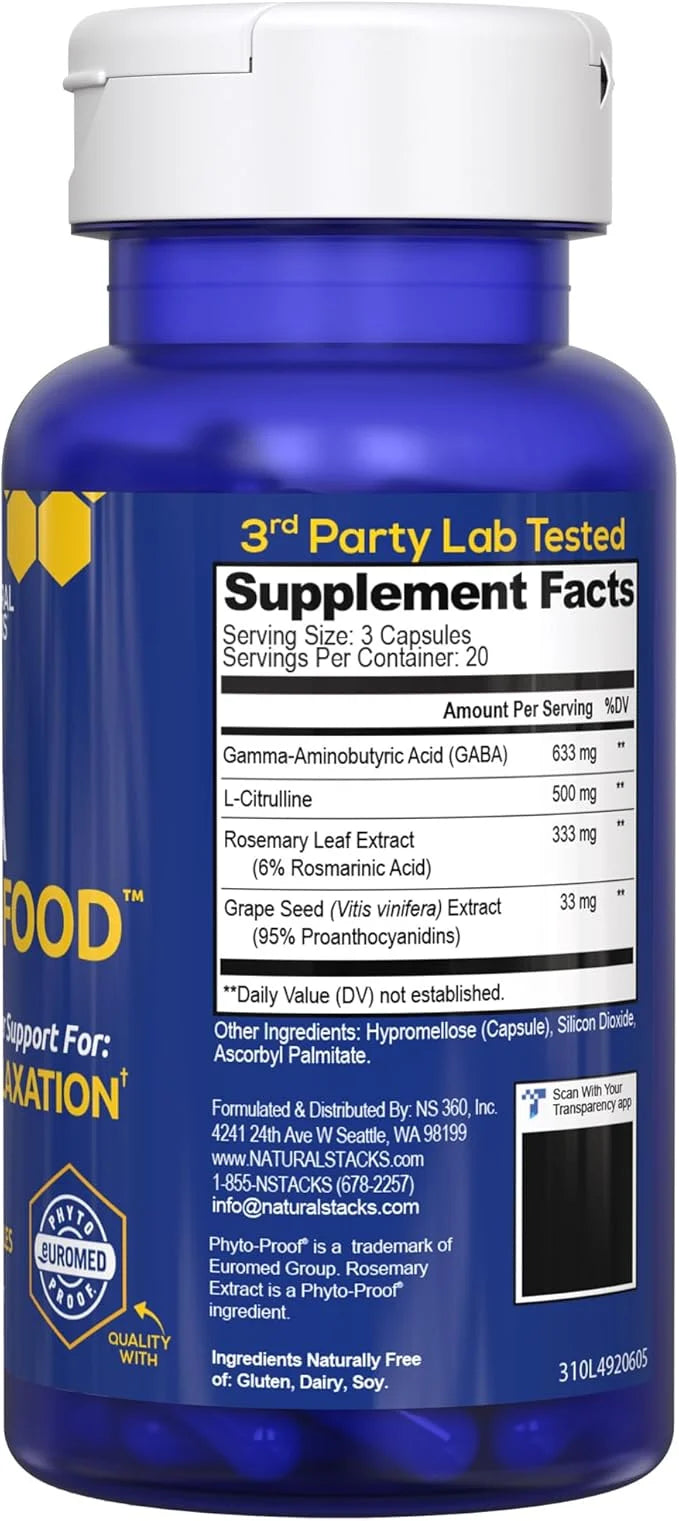 GABA Brain Food - GABA Supplement with L-Citrulline & Grape Seed Extract - Supports Calm & Relaxation - Nighttime Sleep Ai...