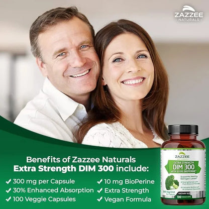 Zazzee DIM 300 mg Per Capsule, 100 Count, Plus 10 mg BioPerine, Estrogen Balance, Hormonal Acne, Menopause Support, Hormon...
