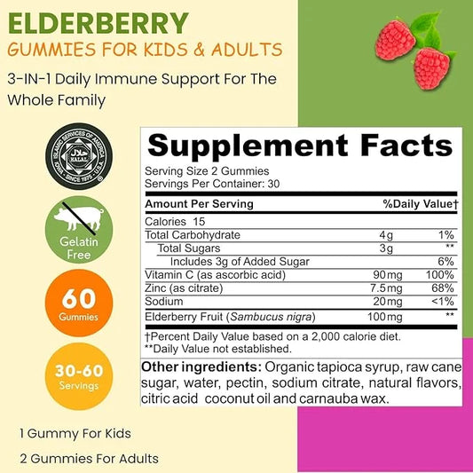 Vegan Black Sambucus Elderberry Gummies 60 Gummies, 30 Serving 100mg Elderberry, 90mg Vitamin 7.5mg Zinc