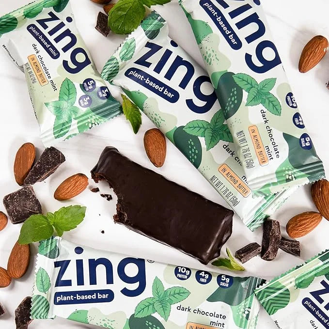 Zing Dark Chocolate Mint Vegan Protein Bars, Gluten Free with High Protein, High Fiber, Dairy Free Nutrition Bars, Plant B...