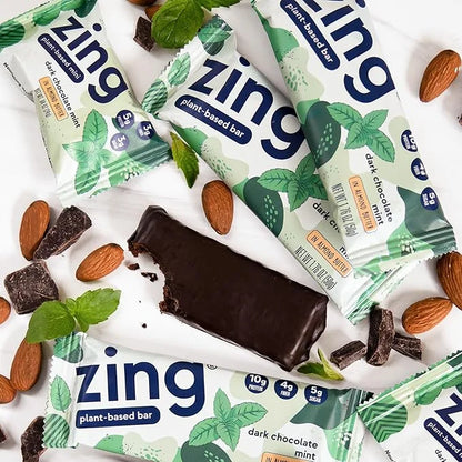 Zing Dark Chocolate Mint Vegan Protein Bars, Gluten Free with High Protein, High Fiber, Dairy Free Nutrition Bars, Plant B...