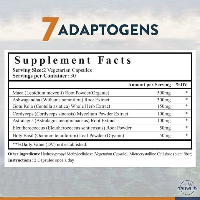 TruWild Adaptogen Blend with Cordyceps Maca Ashwagandha 7 Key 60 Capsules