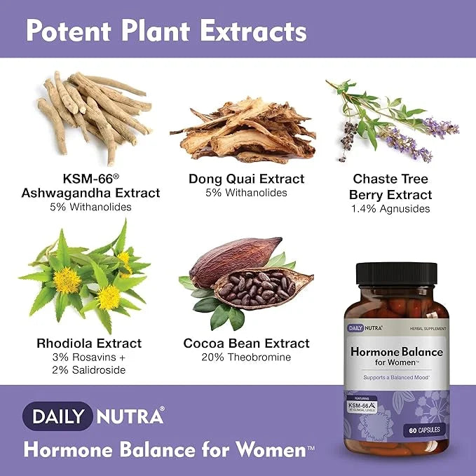 Hormone Balance - Women's Serotonin Supplement - KSM-66 Ashwagandha, Dong Quai, Chaste Tree Berry, Rhodiola, & Cocoa Bean ...