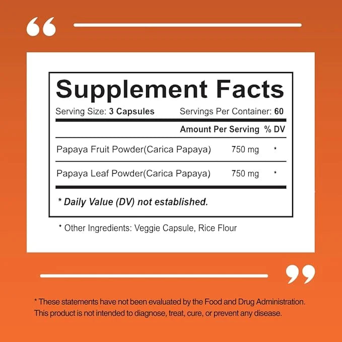 Papaya Fruit Enzyme Capsules for Digestion, 1500mg Organic 180 Veggie