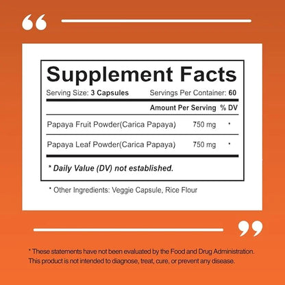 Papaya Fruit Enzyme Capsules for Digestion, 1500mg Organic 180 Veggie
