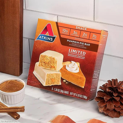 Atkins Pumpkin Pie Snack Bar, 10g Protein, 3g Net Carbs, 2g Sugar, High Fiber, 5 Count - Product Image