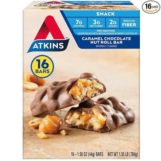 Atkins Caramel Chocolate Nut Roll Snack Bar, Protein Snack, High in Fiber, 2g Sugar, 16 Count - Product Image