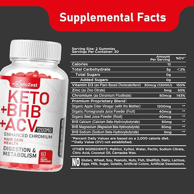 Organic Keto ACV BHB Gummies - Apple Cider Vinegar with The Mother Supplement - Vitamin D3 Zinc Beetroot Pomegranate Chrom...