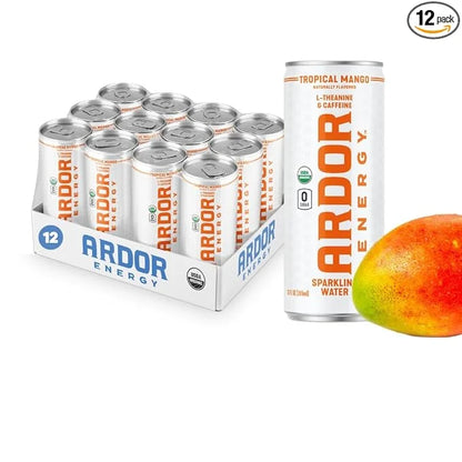 ARDOR ENERGY Sparkling Water Tropical Mango 12 pack with 100mg Organic Caffeine from Green Tea & 200mg Organic L-Theanine ...