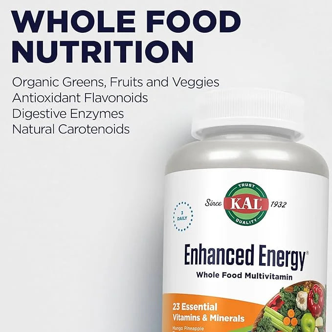 KAL Enhanced Energy Supplements, Whole Food 3 Daily, 23 Essential 60-Day Guarantee, 20 Serv, 60ct