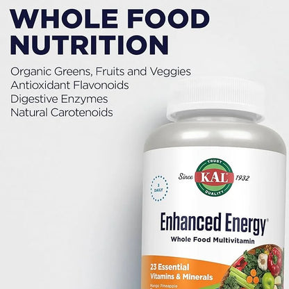 KAL Enhanced Energy Supplements, Whole Food 3 Daily, 23 Essential 60-Day Guarantee, 20 Serv, 60ct