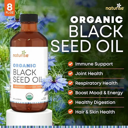 Organic Black Seed Oil (Nigella Sativa, Cumin Seed) Cold Pressed Non-GMO, 8 oz Glass Bottle Source of Essential Fatty Acid...