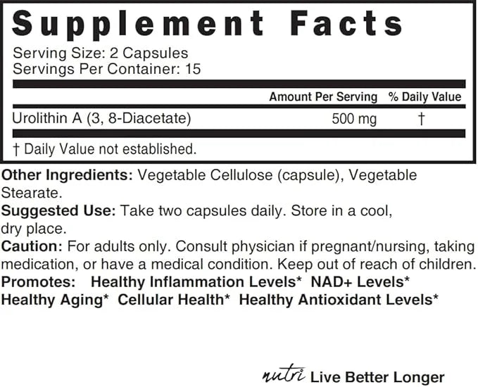 Nutri Urolithin A Supplement 500mg 3rd Party 500 mg 30 Vegan 2 Week+