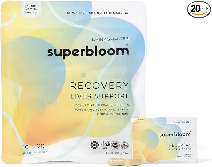 superbloom Recovery Liver Support | Liver Detox with DHM, Turmeric, Milk Thistle | 10 Sachets, 20 Capsules | Enjoy The Nig...