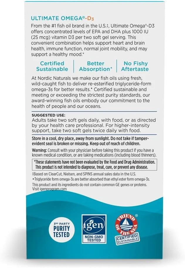 Nordic Naturals Ultimate Omega-D3, Lemon Flavor 90 Soft 1280 mg Omega-3 + 1000 IU D3 - Omega-3 Fish 45 Servings