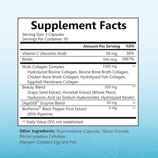 Hydrolyzed Collagen Peptide Capsules for Women - Multi Collagen Supplement Types I, II, III, V, X with Vitamin C, Biotin, ...