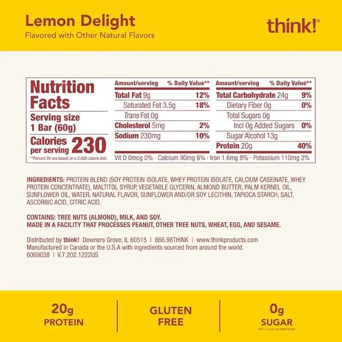 think! Protein Bars, High Protein Snacks, Gluten Free, Kosher Friendly, Lemon Delight, Nutrition Bars, 2.1 Oz per Bar, 10 ...