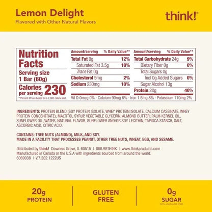 think! Protein Bars, High Protein Snacks, Gluten Free, Kosher Friendly, Lemon Delight, Nutrition Bars, 2.1 Oz per Bar, 10 ...