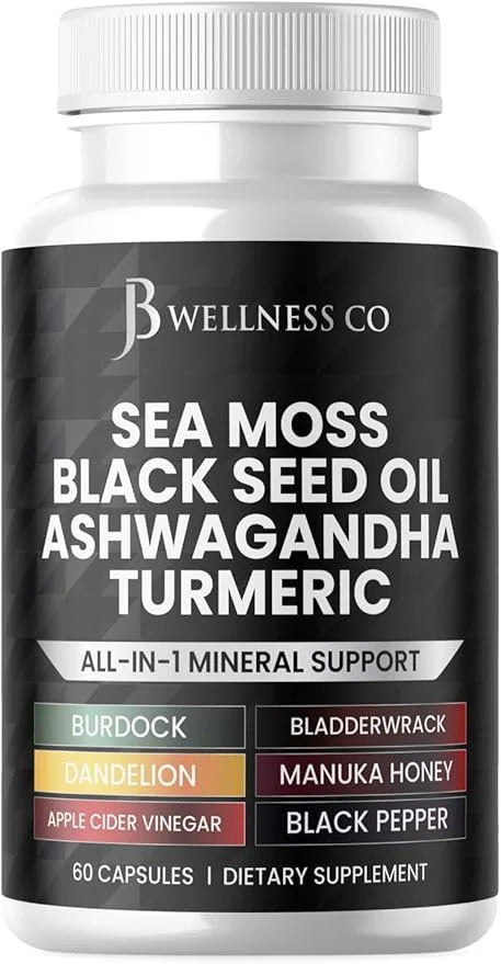 Sea Moss 3000mg Black Seed Oil 2000mg Ashwagandha 1000mg Turmeric 1000mg Bladderwrack 1000mg Burdock 1000mg & D3 with 60 C...